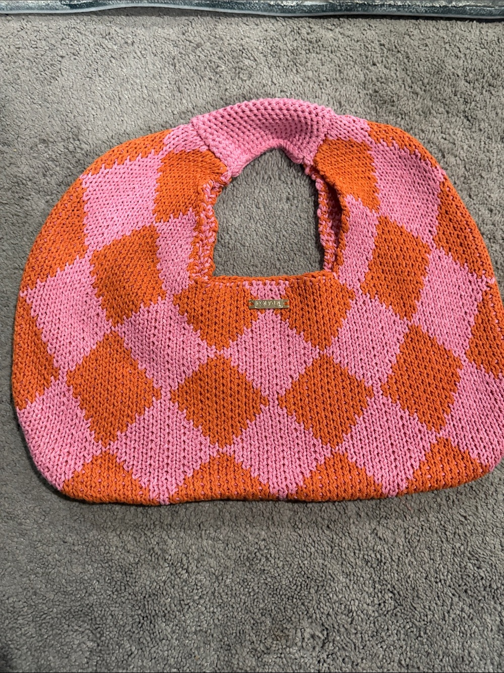 Kopari Pink & Orange Check Knit Hobo Bag